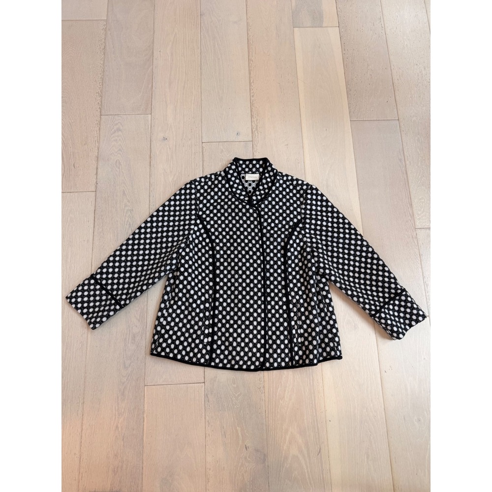 Chicos Black White Polka Dot Knit Cardigan Jacket Mock Neck Size 2 Large